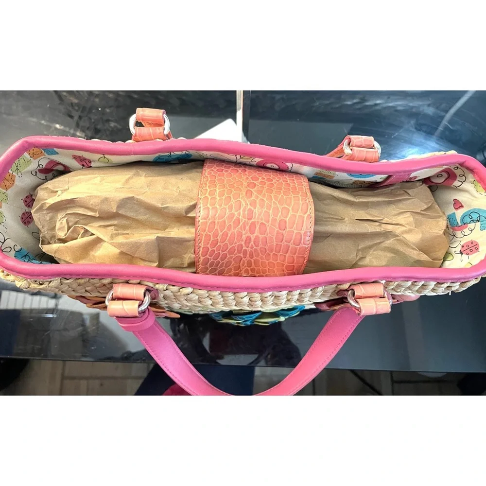 Brighton Straw Tote with Pink Trim and Multicolor Floral Appliques